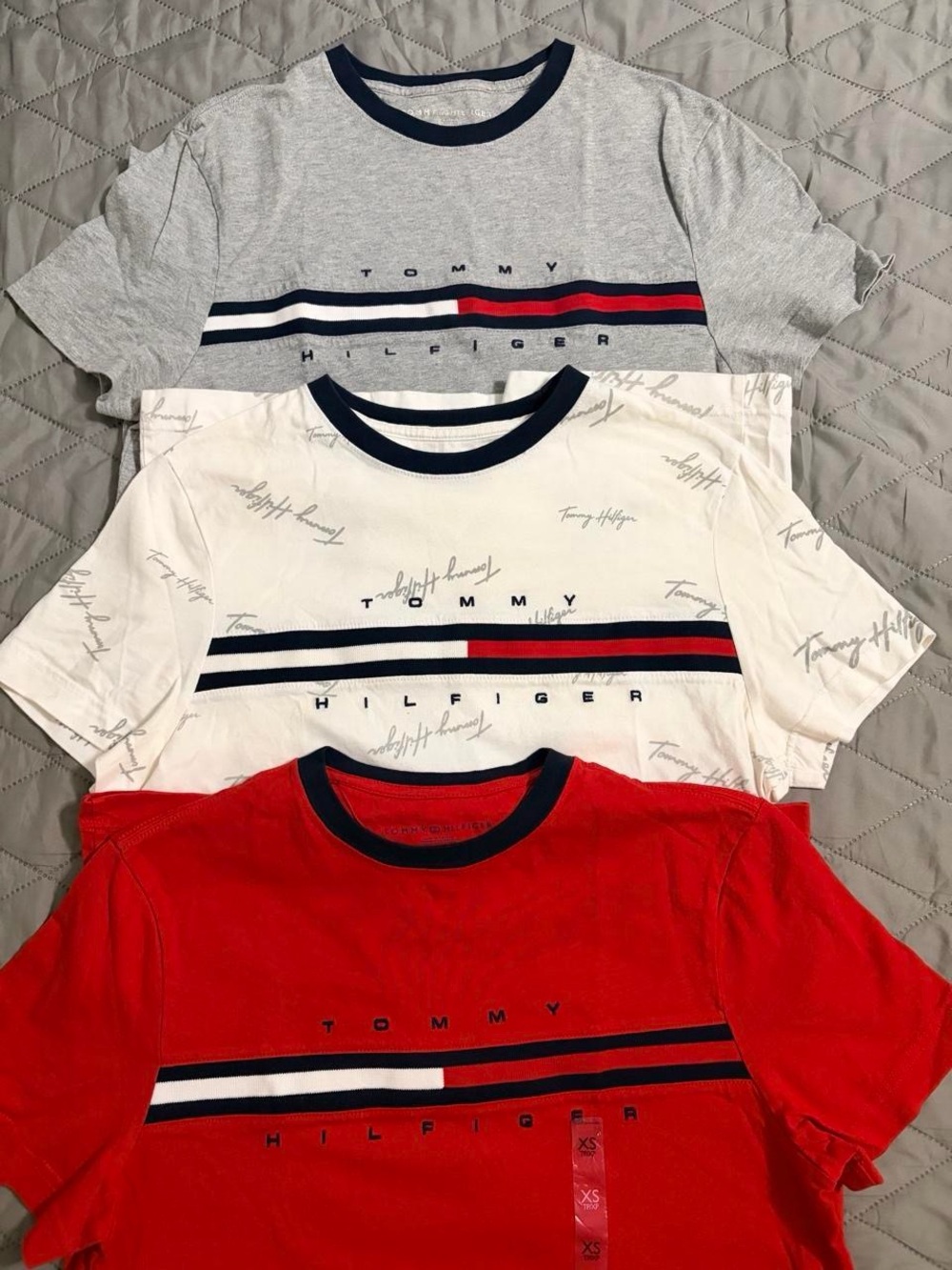 Tommy Hilfiger Red White Gray Logo Stripe Short Sleeve Tee Trio